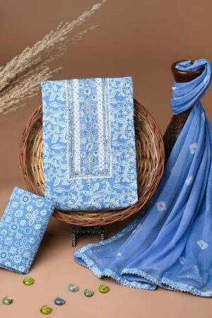 Azure Floral Cotton Suit with Lacework Embellishments