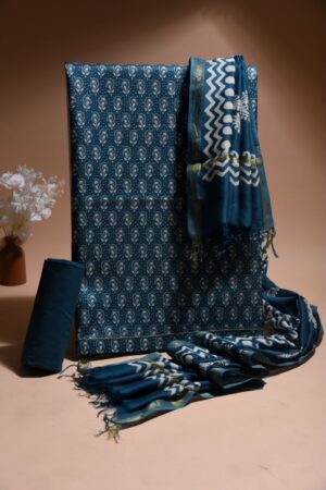 Indigo Bloom Suit with Zari-Bordered Dupatta