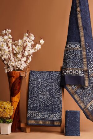 Indigo Geometric Design Suit with Zari Borders