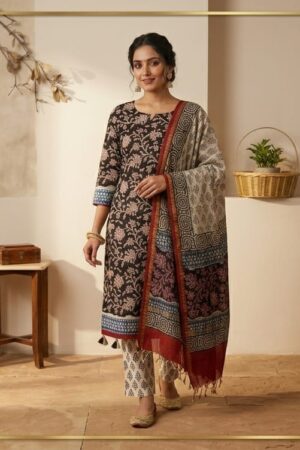 Midnight Floral Unstitched 3-Piece Cotton Suit with Block-Print Dupatta