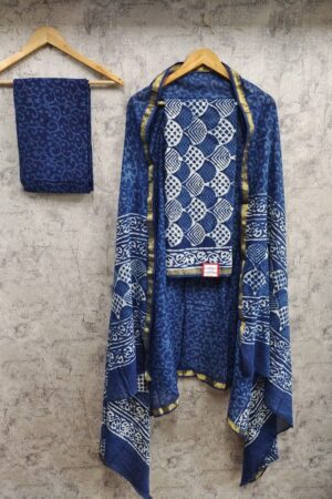 Royal Indigo Ajrak-Inspired Suit with Gold Zari Border