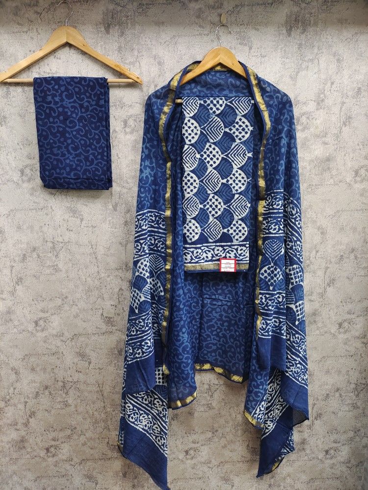 Royal Indigo Ajrak-Inspired Suit with Gold Zari Border